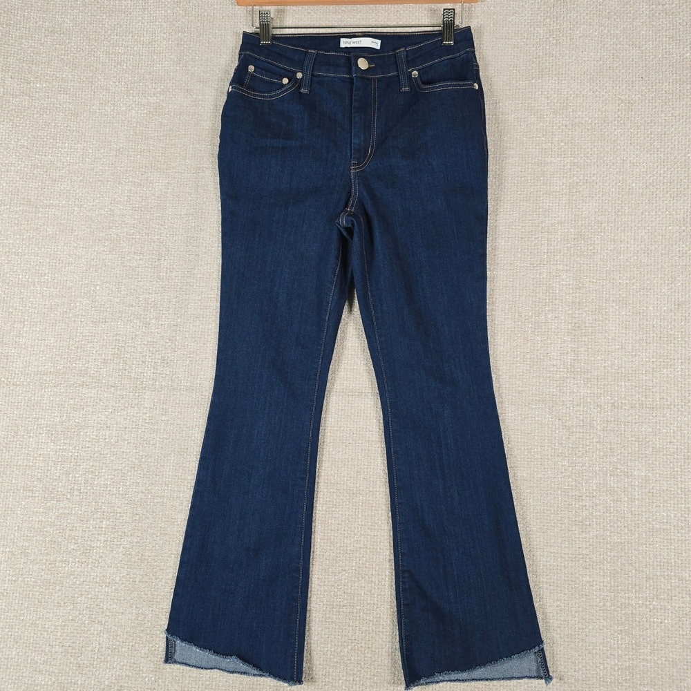 Nine West Womens Kick Flare Jeans Dark Wash Raw Hem Blue Denim Size 4